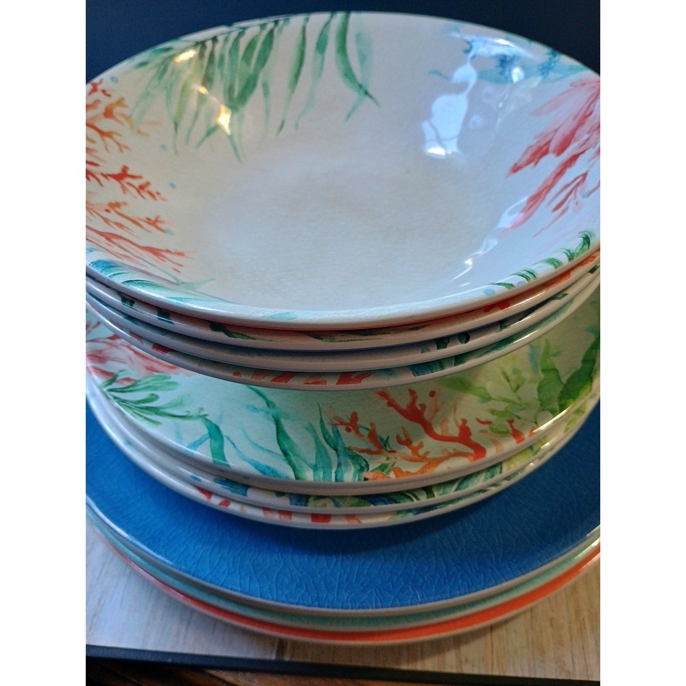 Melamine Set Of 12 Plates 9" & 11" Bowls Corals Crab Seahorse Starfish Turtle - Picture 4 of 11